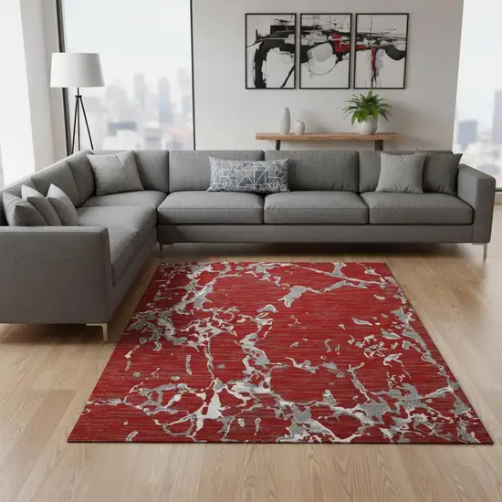 Red Gray And Ivory Striped Washable Area Rug With UV Protection Photo 2