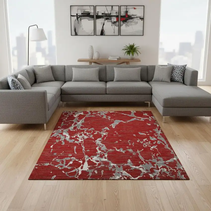 Red Gray And Ivory Striped Washable Area Rug With UV Protection Photo 2