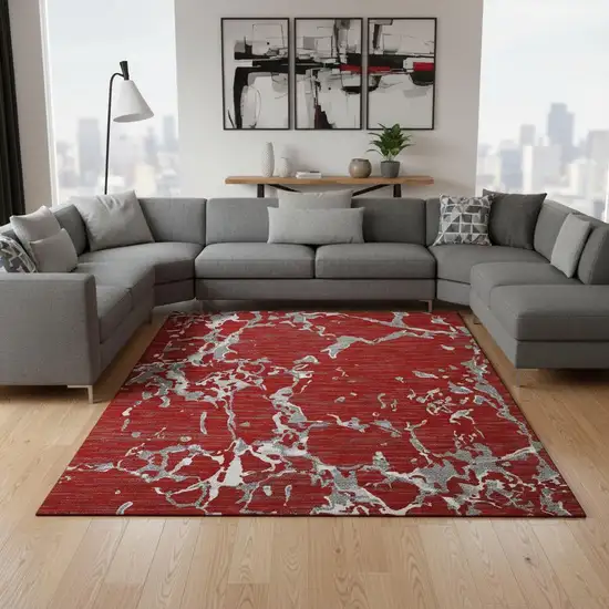 Red Gray And Ivory Striped Washable Area Rug With UV Protection Photo 2