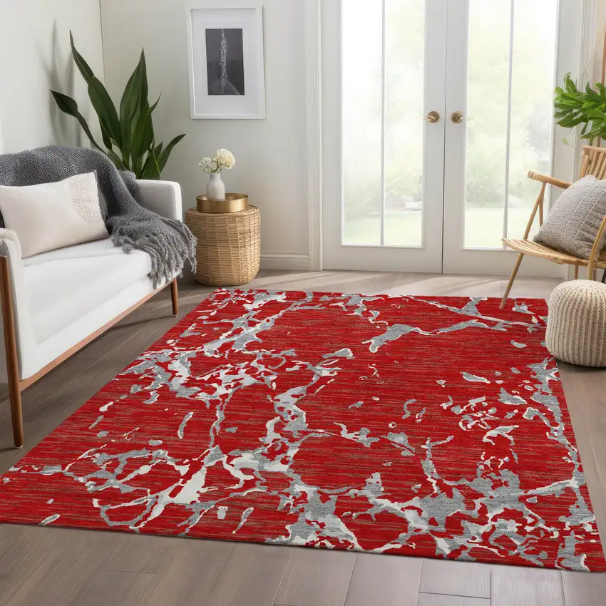 Red Gray And Ivory Striped Washable Area Rug With UV Protection Photo 5