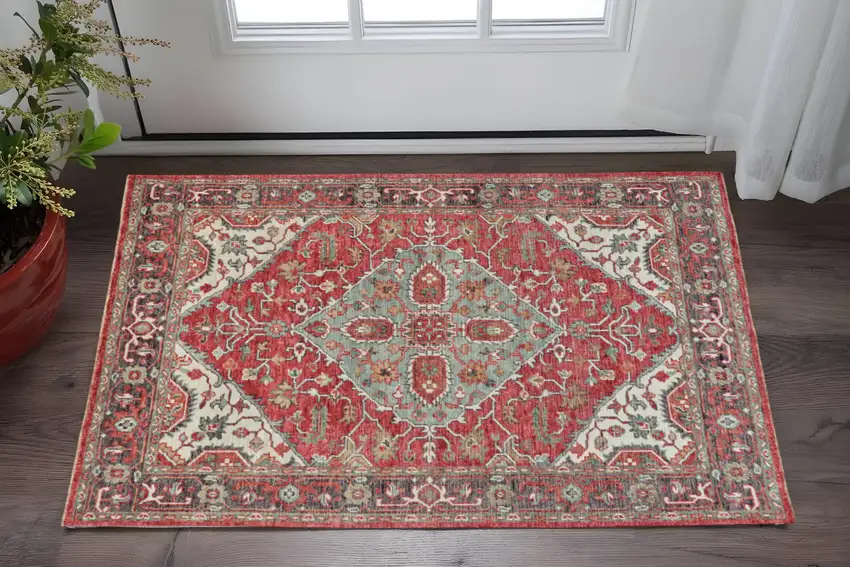 Red Gray And Ivory Wool Floral Hand Knotted Distressed Stain Resistant Area Rug With Fringe Photo 1