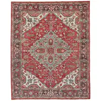 Photo of Red Gray And Ivory Wool Floral Hand Knotted Distressed Stain Resistant Area Rug With Fringe