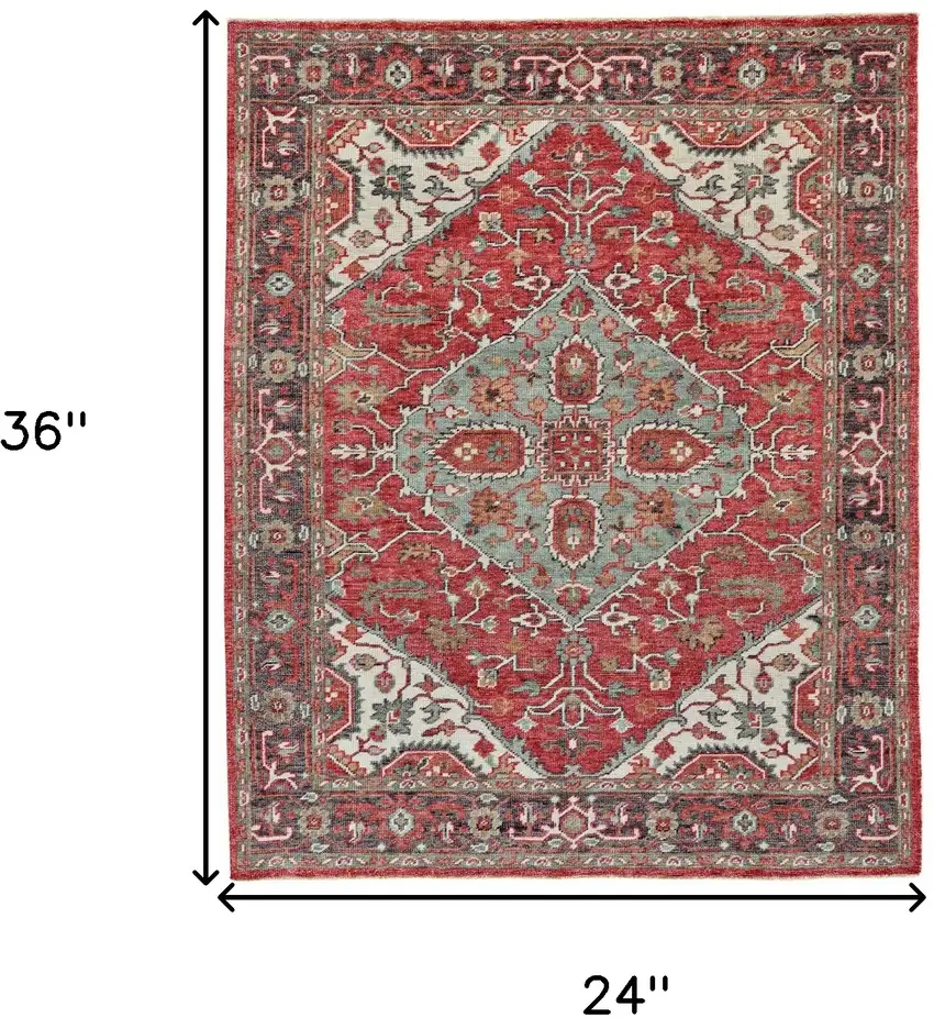 Red Gray And Ivory Wool Floral Hand Knotted Distressed Stain Resistant Area Rug With Fringe Photo 6