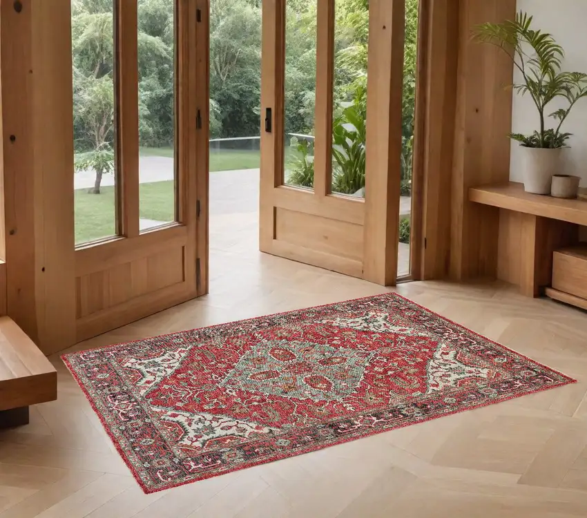 Red Gray And Ivory Wool Floral Hand Knotted Distressed Stain Resistant Area Rug With Fringe Photo 1