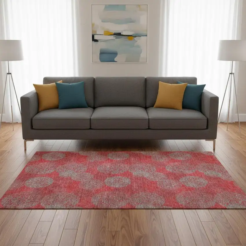 Red Gray And Silver Abstract Washable Area Rug With UV Protection Photo 2