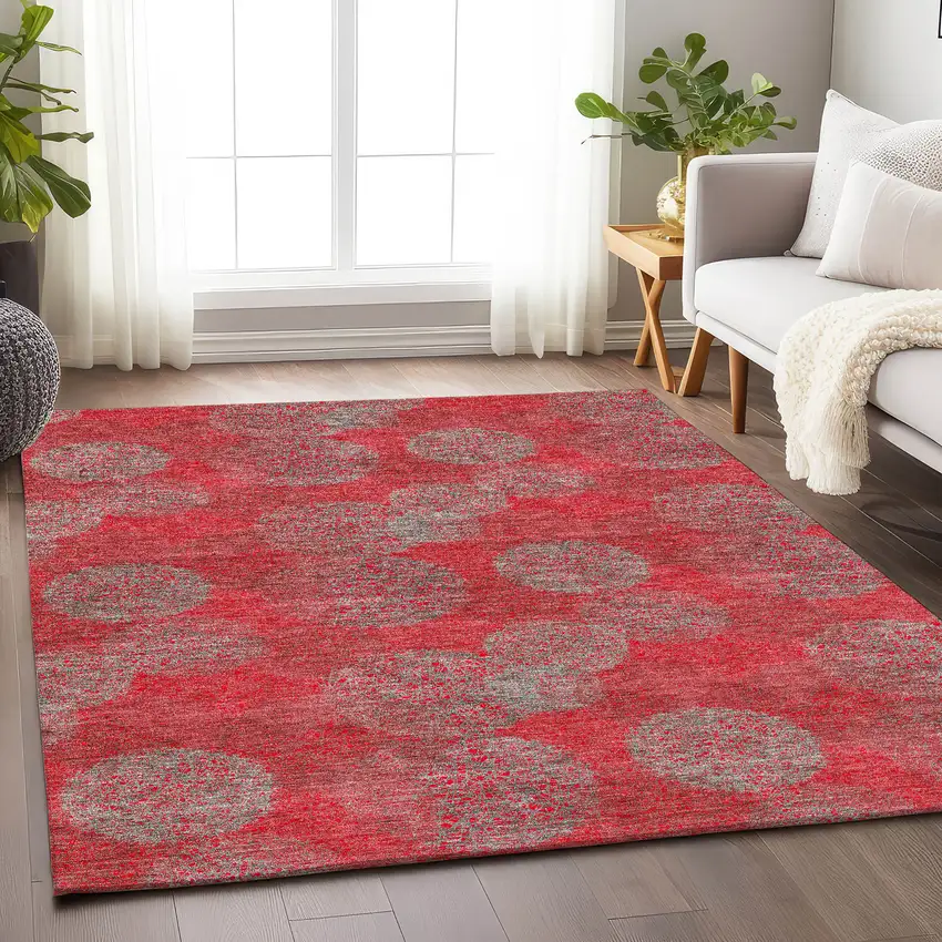 Red Gray And Silver Abstract Washable Area Rug With UV Protection Photo 3