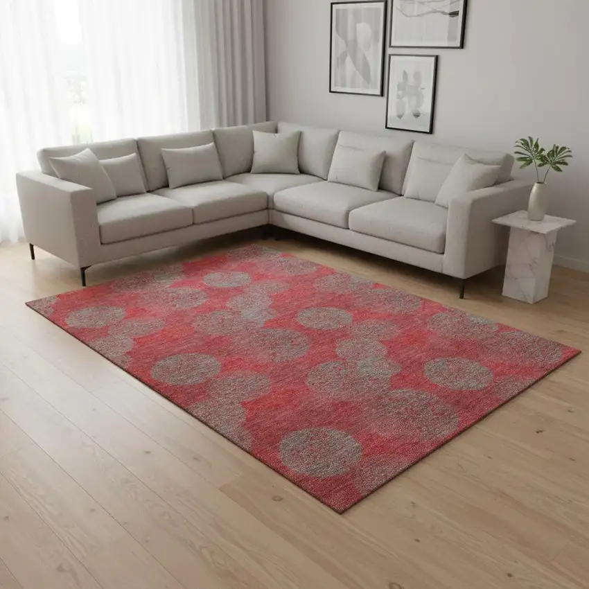 Red Gray And Silver Abstract Washable Area Rug With UV Protection Photo 2