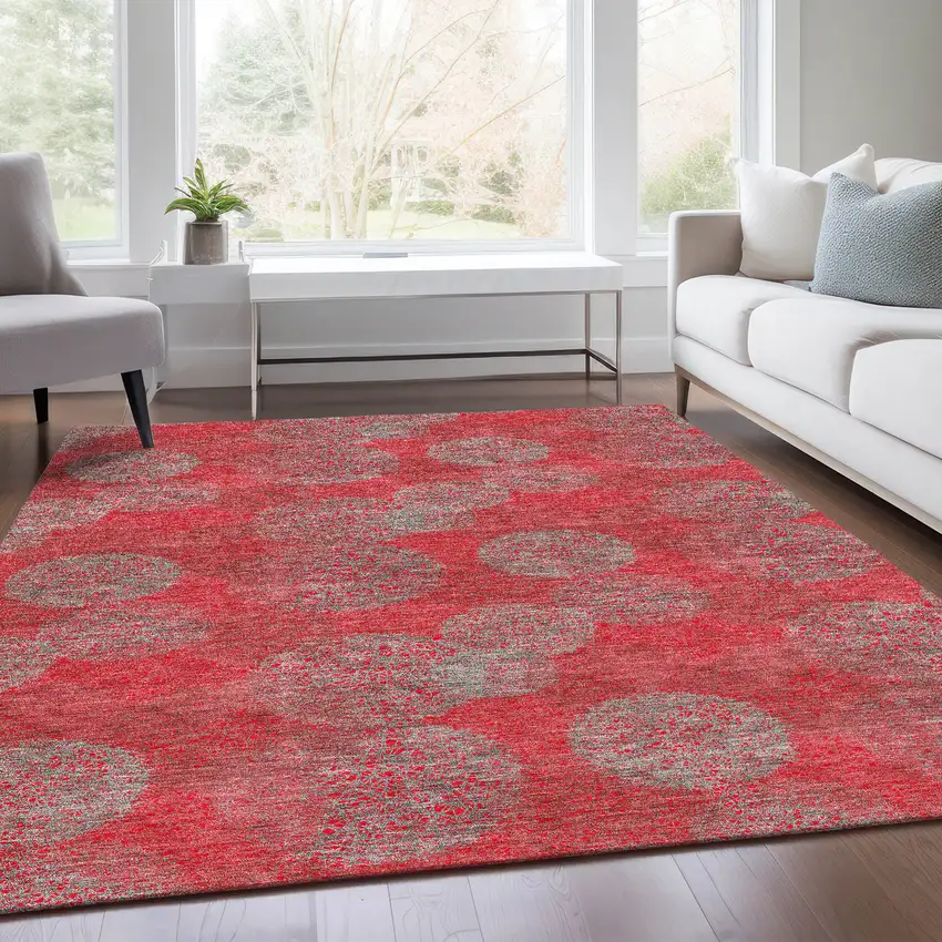 Red Gray And Silver Abstract Washable Area Rug With UV Protection Photo 3