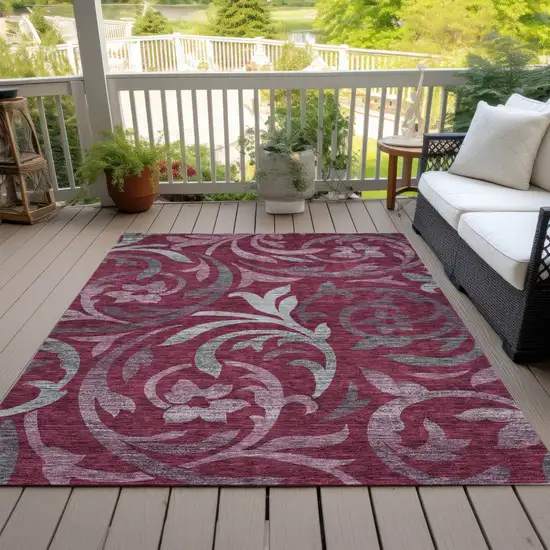 Red Gray And Silver Floral Washable Indoor Outdoor Area Rug Photo 8