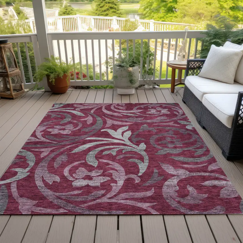 Red Gray And Silver Floral Washable Indoor Outdoor Area Rug Photo 8