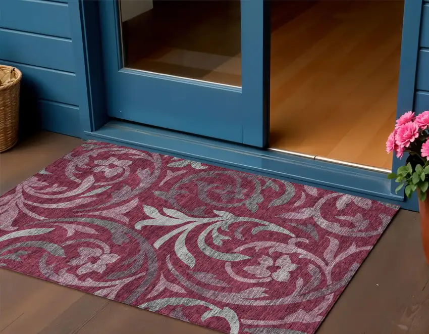 Red Gray And Silver Floral Washable Indoor Outdoor Area Rug Photo 1