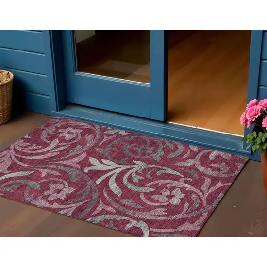 Red Gray And Silver Floral Washable Indoor Outdoor Area Rug Photo 1