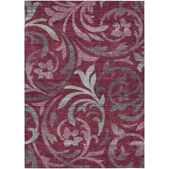 Red Gray And Silver Floral Washable Indoor Outdoor Area Rug Photo 2