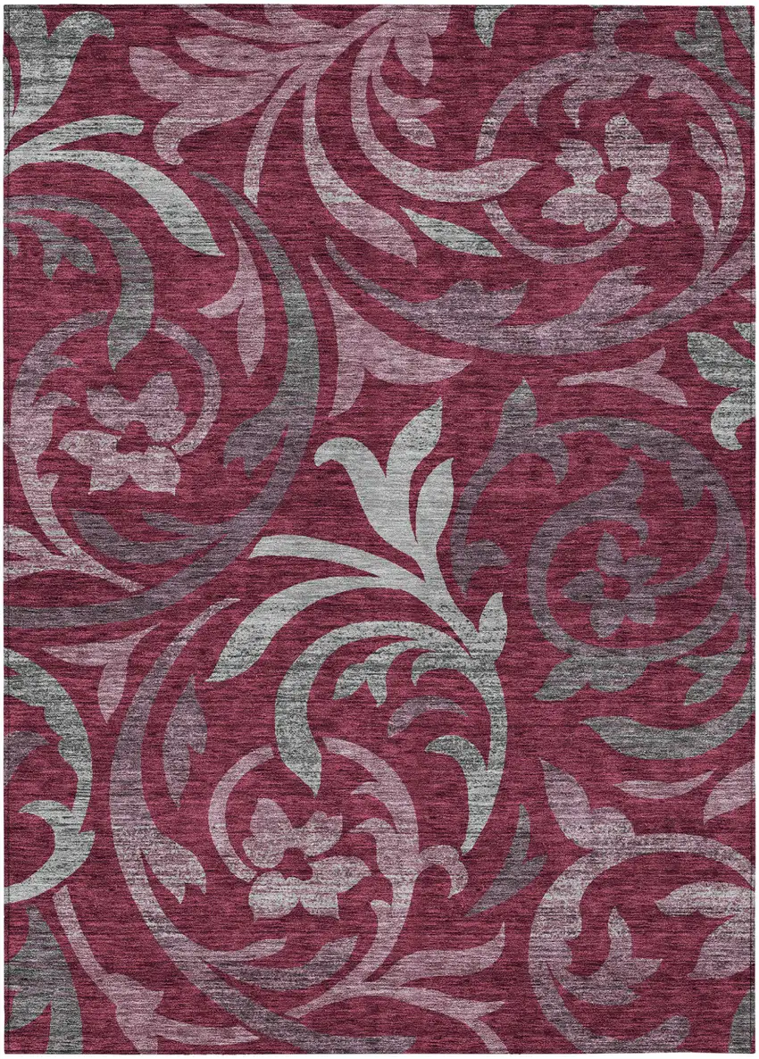 Red Gray And Silver Floral Washable Indoor Outdoor Area Rug Photo 2