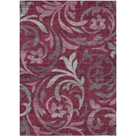 Red Gray And Silver Floral Washable Indoor Outdoor Area Rug Photo 2