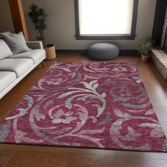 Red Gray And Silver Floral Washable Indoor Outdoor Area Rug Photo 9