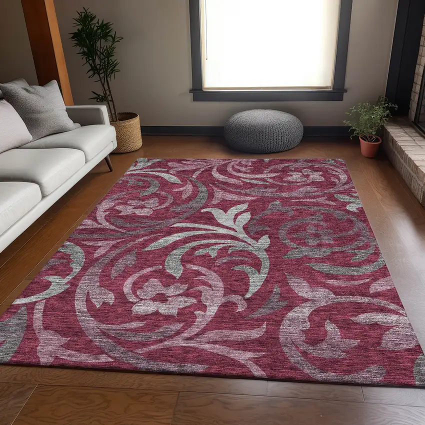 Red Gray And Silver Floral Washable Indoor Outdoor Area Rug Photo 7