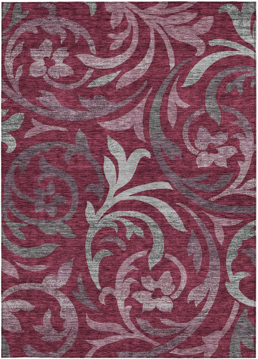 Red Gray And Silver Floral Washable Indoor Outdoor Area Rug Photo 5