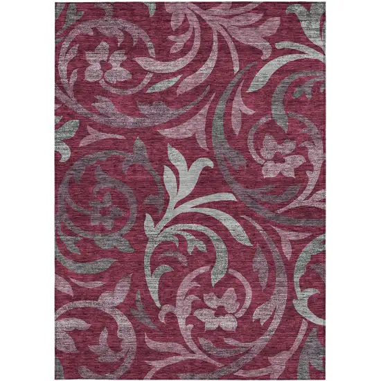 Red Gray And Silver Floral Washable Indoor Outdoor Area Rug Photo 5