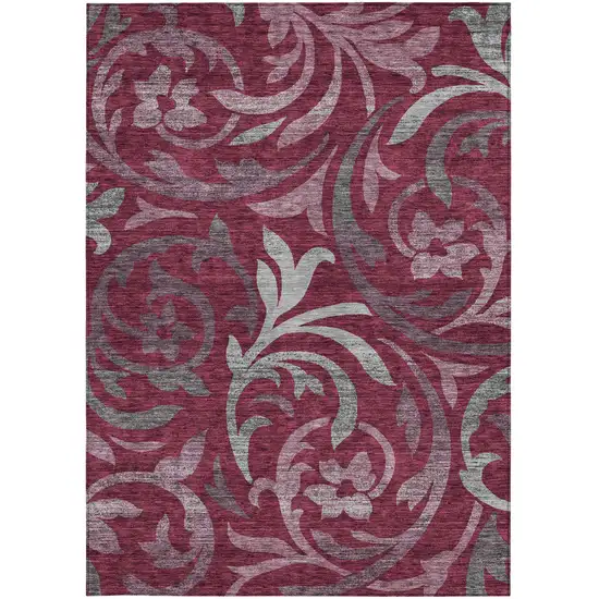 Red Gray And Silver Floral Washable Indoor Outdoor Area Rug Photo 5