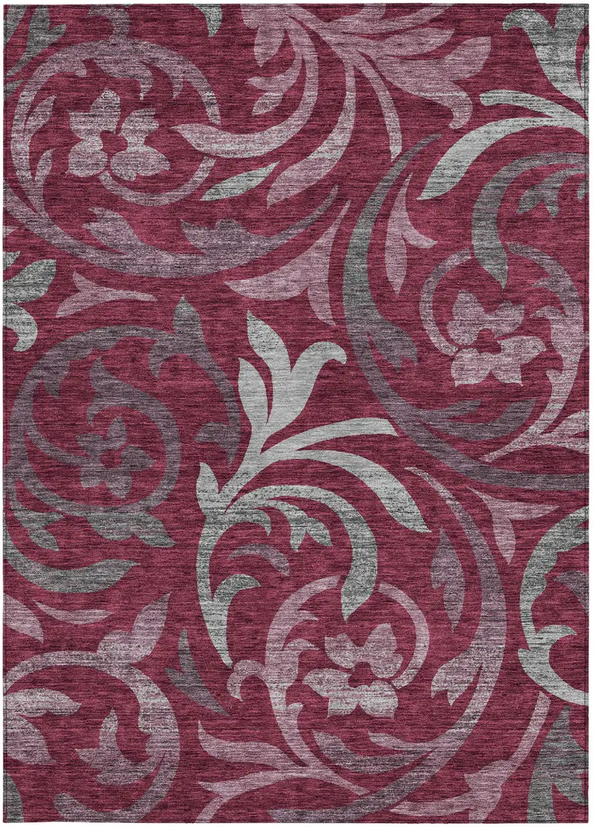 Red Gray And Silver Floral Washable Indoor Outdoor Area Rug Photo 5