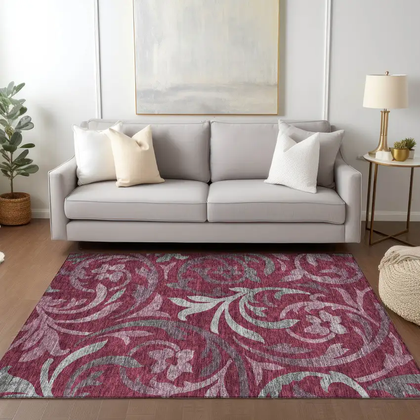 Red Gray And Silver Floral Washable Indoor Outdoor Area Rug Photo 8