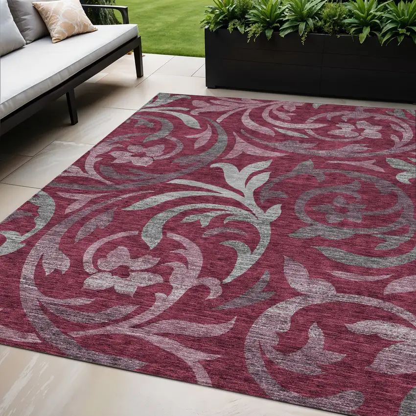 Red Gray And Silver Floral Washable Indoor Outdoor Area Rug Photo 1