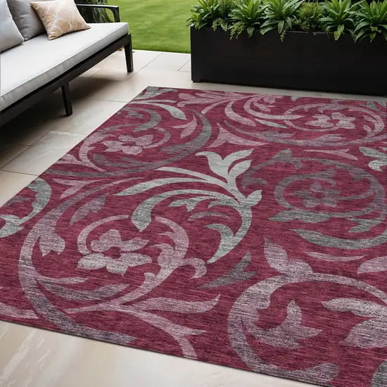 Red Gray And Silver Floral Washable Indoor Outdoor Area Rug Photo 1