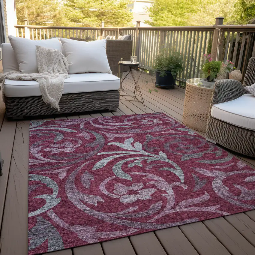 Red Gray And Silver Floral Washable Indoor Outdoor Area Rug Photo 9