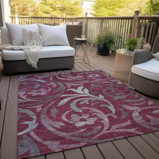 Red Gray And Silver Floral Washable Indoor Outdoor Area Rug Photo 9