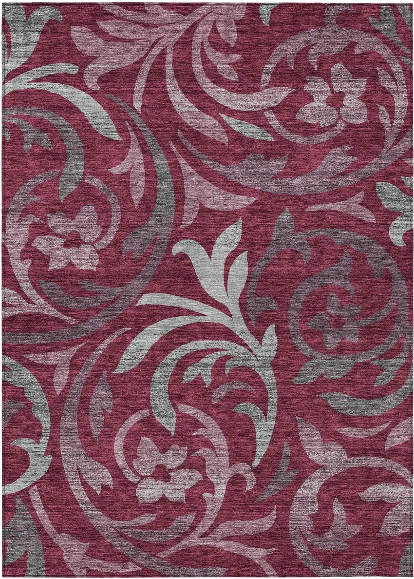 Red Gray And Silver Floral Washable Indoor Outdoor Area Rug Photo 1