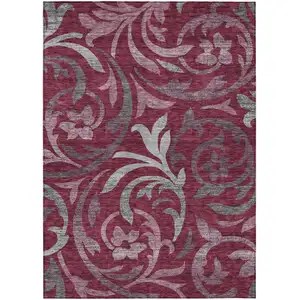 Photo of Red Gray And Silver Floral Washable Indoor Outdoor Area Rug