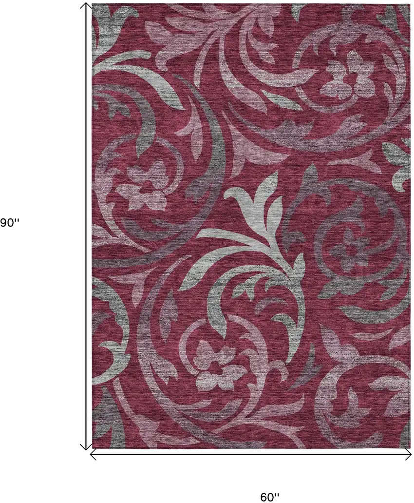 Red Gray And Silver Floral Washable Indoor Outdoor Area Rug Photo 3