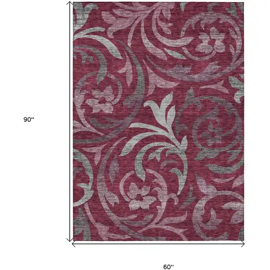 Red Gray And Silver Floral Washable Indoor Outdoor Area Rug Photo 3