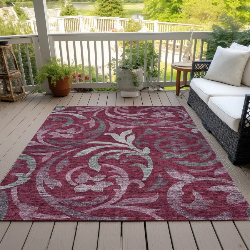 Red Gray And Silver Floral Washable Indoor Outdoor Area Rug Photo 6