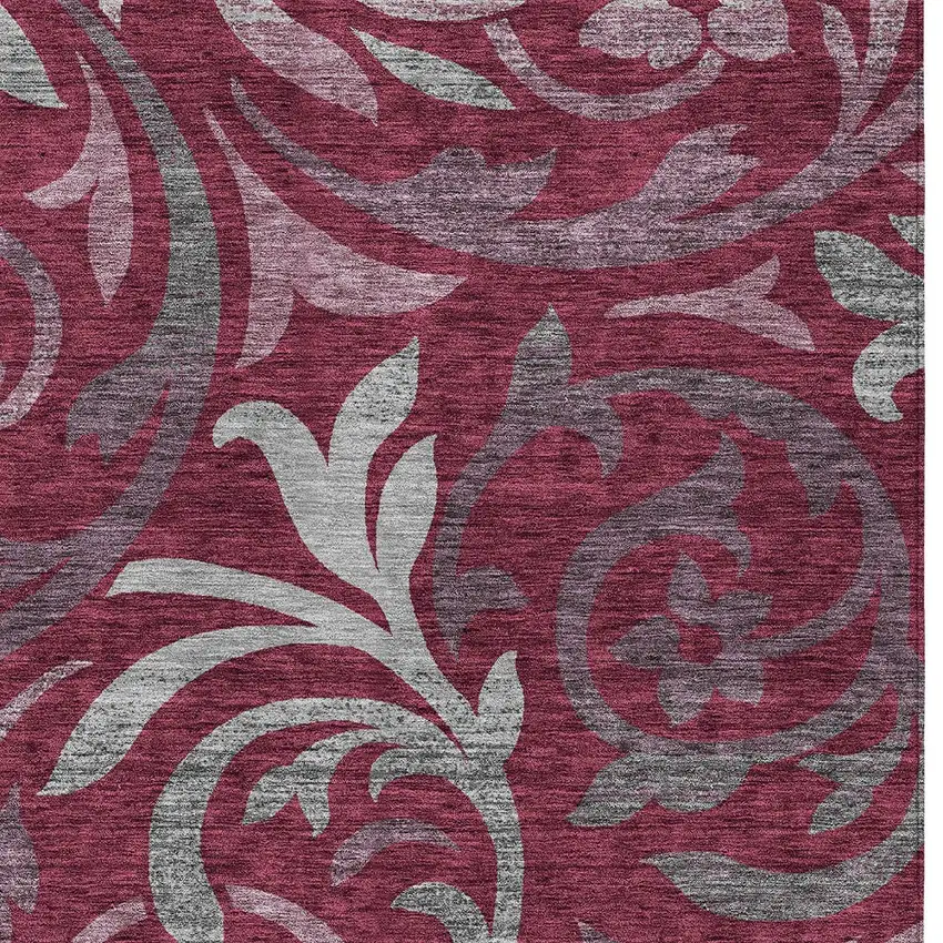 Red Gray And Silver Floral Washable Indoor Outdoor Area Rug Photo 5