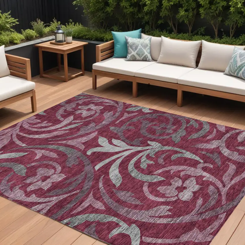 Red Gray And Silver Floral Washable Indoor Outdoor Area Rug Photo 1