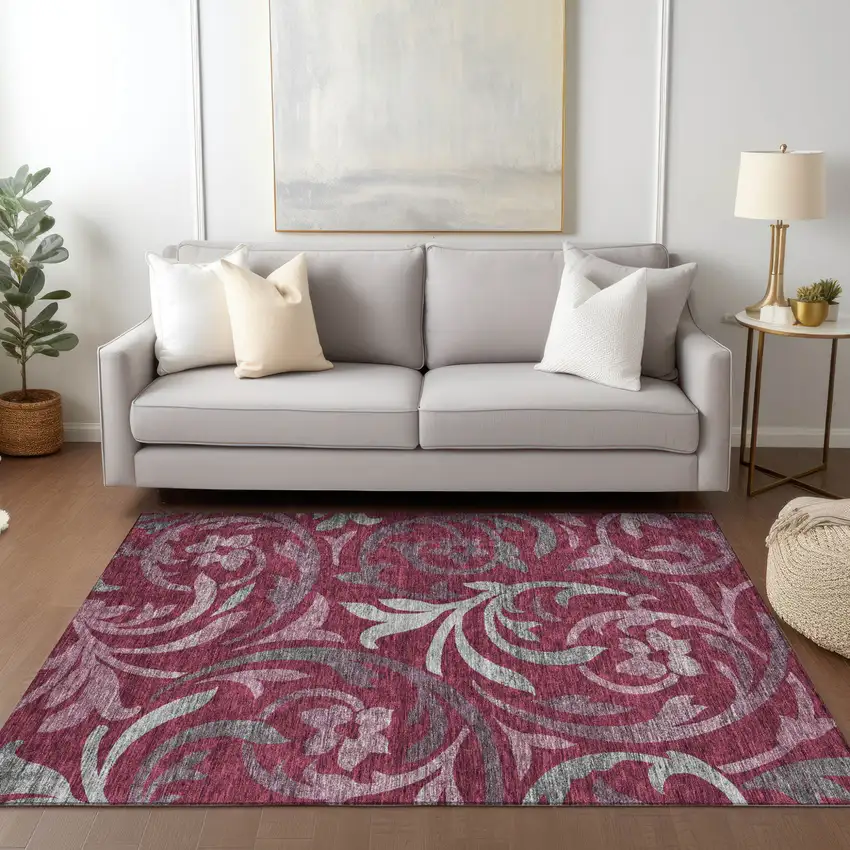 Red Gray And Silver Floral Washable Indoor Outdoor Area Rug Photo 9
