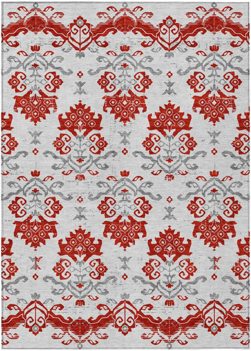 Red Gray And Silver Oriental Washable Indoor Outdoor Area Rug Photo 2