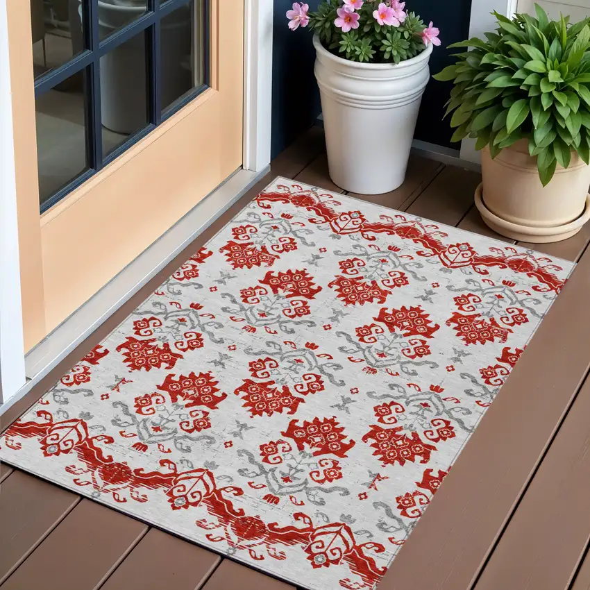 Red Gray And Silver Oriental Washable Indoor Outdoor Area Rug Photo 1
