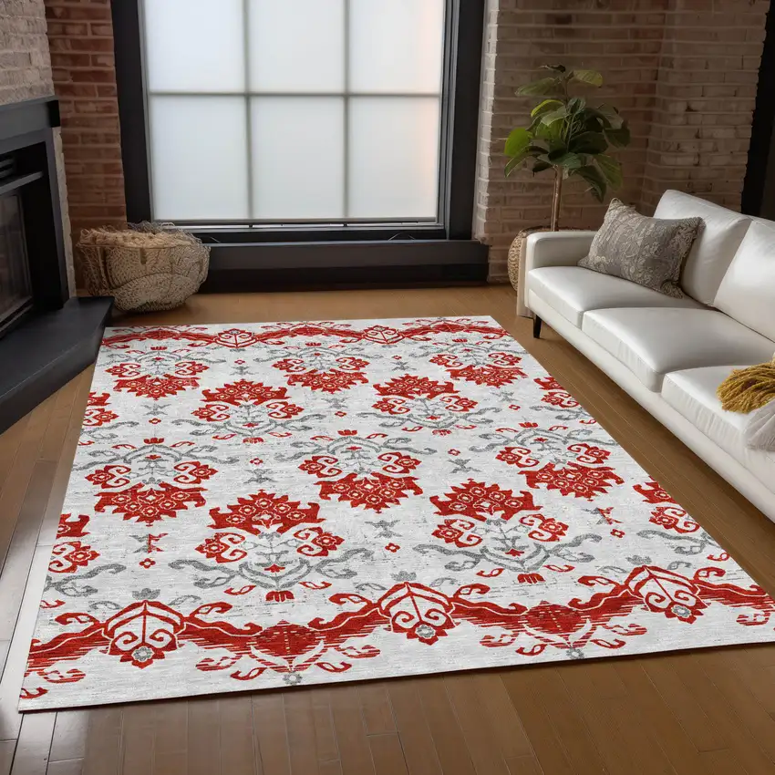 Red Gray And Silver Oriental Washable Indoor Outdoor Area Rug Photo 9