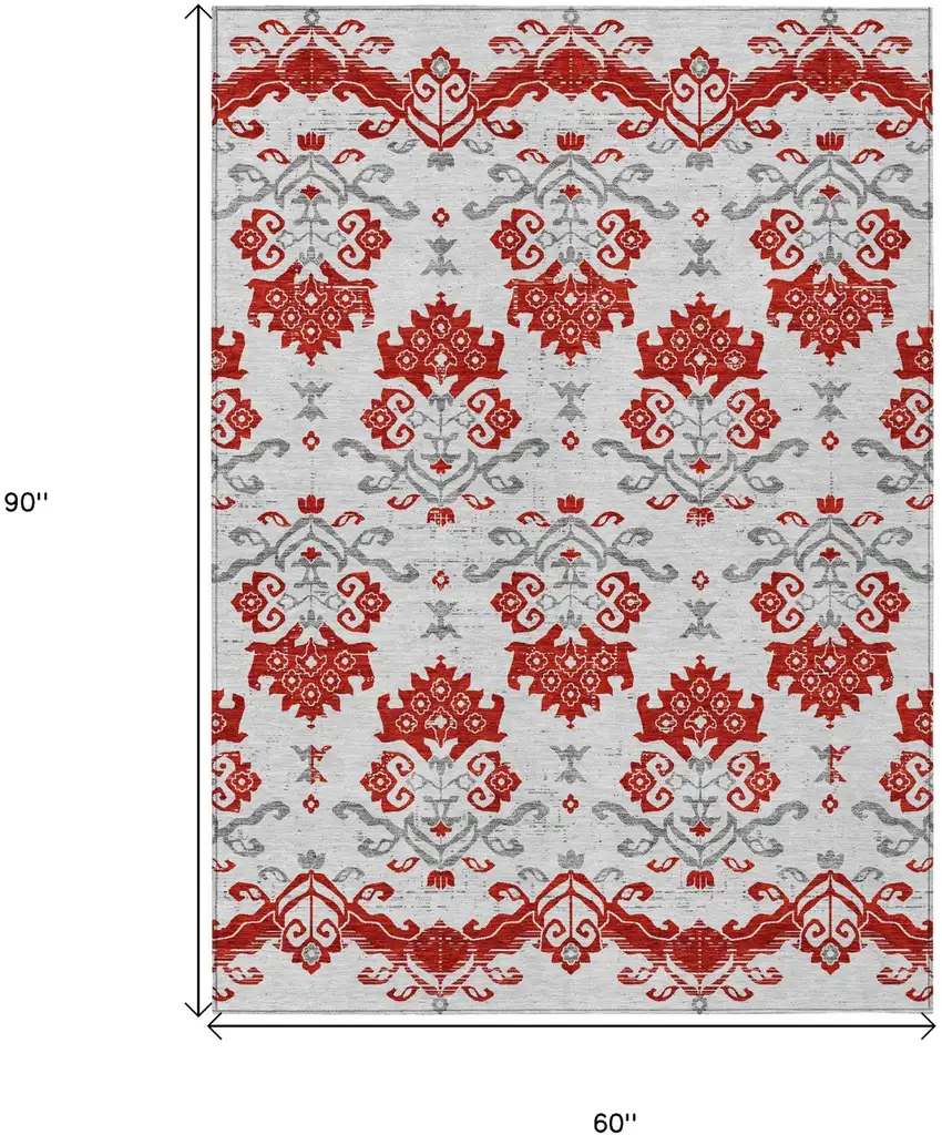 Red Gray And Silver Oriental Washable Indoor Outdoor Area Rug Photo 3