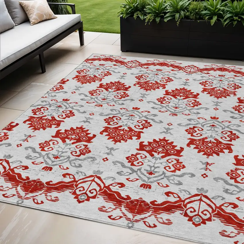 Red Gray And Silver Oriental Washable Indoor Outdoor Area Rug Photo 1