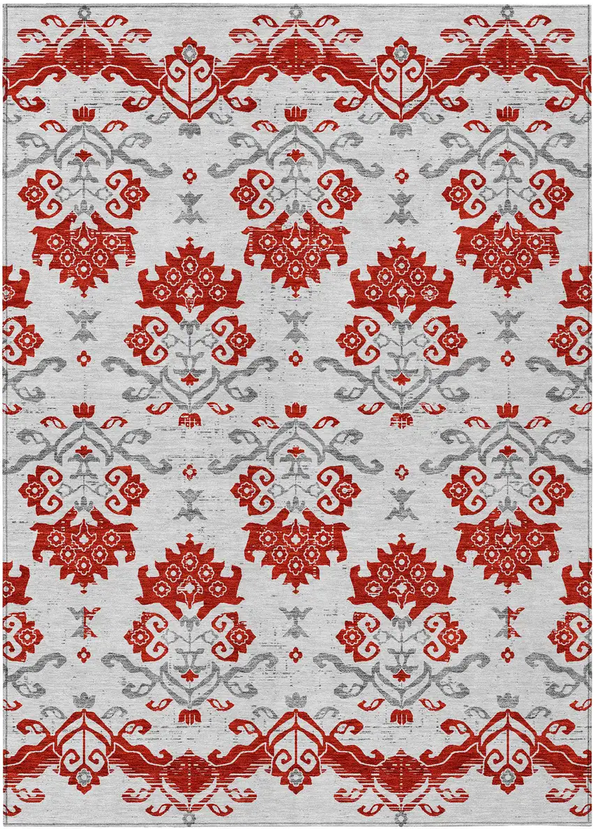 Red Gray And Silver Oriental Washable Indoor Outdoor Area Rug Photo 1