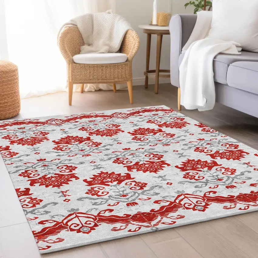 Red Gray And Silver Oriental Washable Indoor Outdoor Area Rug Photo 7