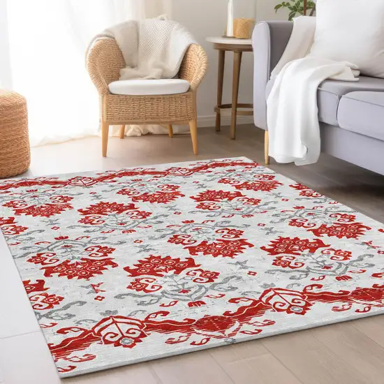 Red Gray And Silver Oriental Washable Indoor Outdoor Area Rug Photo 7