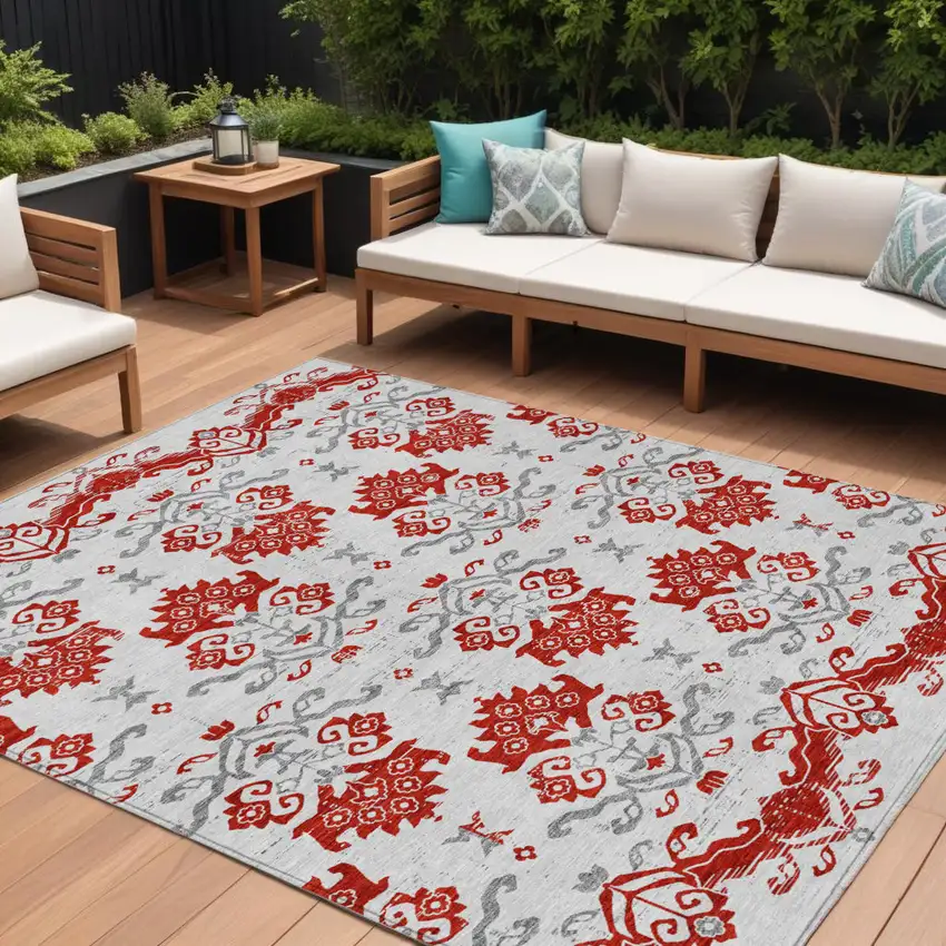 Red Gray And Silver Oriental Washable Indoor Outdoor Area Rug Photo 1