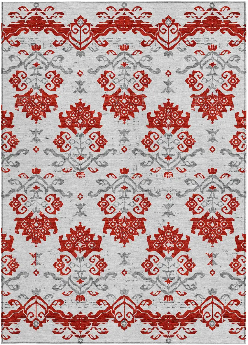 Red Gray And Silver Oriental Washable Indoor Outdoor Area Rug Photo 4