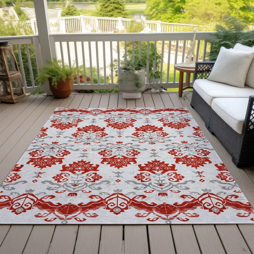 Red Gray And Silver Oriental Washable Indoor Outdoor Area Rug Photo 5