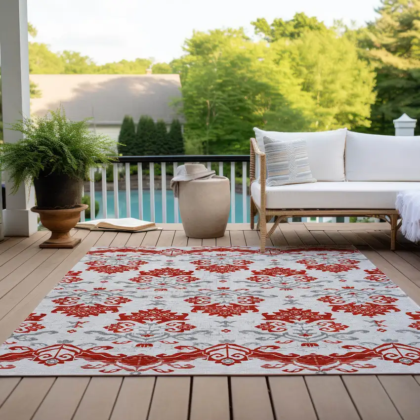 Red Gray And Silver Oriental Washable Indoor Outdoor Area Rug Photo 9